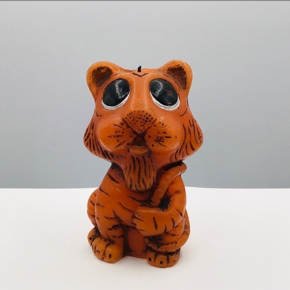 Vtg 60's Animal Delights Candle 5” Tiger Cat Hand Painted Hong Kong Orange Black